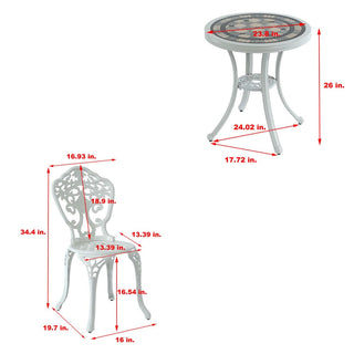 3-Piece White/Bronze Cast Aluminum Outdoor Bistro Set with Round Ceramic Tile Tabletop & 2 Armless Chairs for Patio, Garden & Balcony