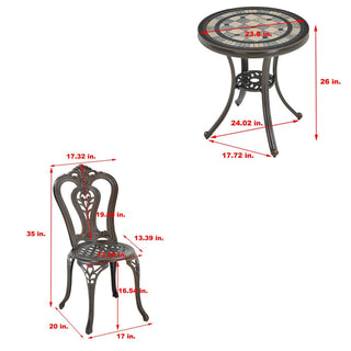 Mondawe 3-Piece White/Bronze Cast Aluminum Outdoor Bistro Set with Round Ceramic Tile Tabletop & 2 Armless Chairs for Patio & Garden
