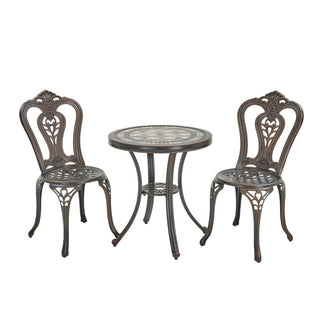 Mondawe 3-Piece White/Bronze Cast Aluminum Outdoor Bistro Set with Round Ceramic Tile Tabletop & 2 Armless Chairs for Patio & Garden