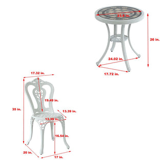 Mondawe 3-Piece White/Bronze Cast Aluminum Outdoor Bistro Set with Round Ceramic Tile Tabletop & 2 Armless Chairs for Patio & Garden