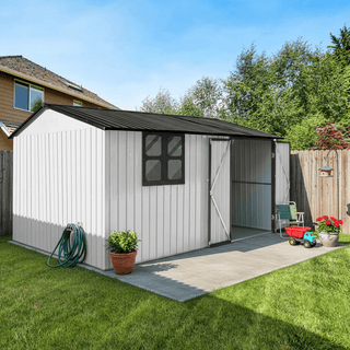 12x10 FT Metal Garden Shed Outdoor Storage, Multi-Color (White/Black/Grey/Brown) with Window & Shelving, Heavy Duty Garden Tool Shed for Backyard & Patio