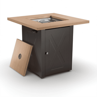50,000 BTU Outdoor Propane Fire Pit Table, ETL Certified Gas Fire Pit with Side Door, Wood-Look Tabletop & X-Shaped Base