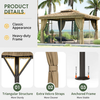 10FT×12FT Outdoor Patio Gazebo - Hawaiian Style Thatch Roof, Double Canopy, Aluminum Frame with Mosquito Net & Privacy Curtain