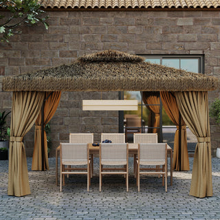10FT×12FT Outdoor Patio Gazebo - Hawaiian Style Thatch Roof, Double Canopy, Aluminum Frame with Mosquito Net & Privacy Curtain