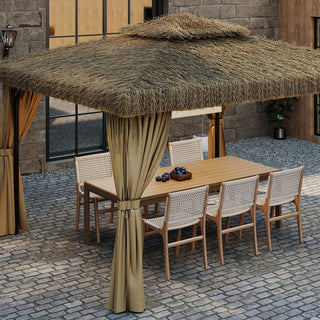 10FT×12FT Outdoor Patio Gazebo - Hawaiian Style Thatch Roof, Double Canopy, Aluminum Frame with Mosquito Net & Privacy Curtain
