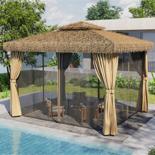 10FT×12FT Outdoor Patio Gazebo - Hawaiian Style Thatch Roof, Double Canopy, Aluminum Frame with Mosquito Net & Privacy Curtain