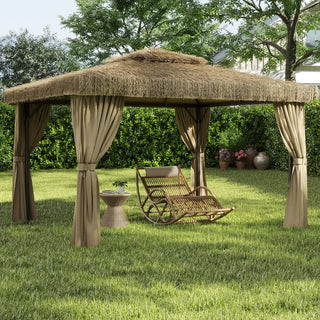 10FT×12FT Outdoor Patio Gazebo - Hawaiian Style Thatch Roof, Double Canopy, Aluminum Frame with Mosquito Net & Privacy Curtain