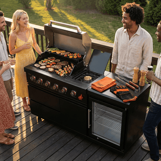 46" Deluxe Outdoor Kitchen Island Gas Grill with 4 Burners, Wine Cooler & Rotisserie – Stainless Steel BBQ Grill with Granite Countertops (72,000 BTU)