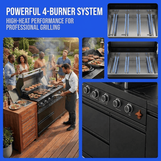 46-Inch 4-Burner 72,000 BTU Luxury Stainless Steel Gas Outdoor Kitchen Island with Round Side Burner, Rotisserie Kit & Granite Countertop
