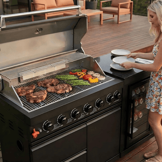 6-Burner Outdoor Gas Grill with Black Single-Door Refrigerator Kitchen Island