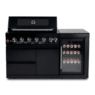 6-Burner Outdoor Gas Grill with Black Single-Door Refrigerator Kitchen Island