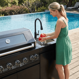 82-Inch 6-Burner 85,000 BTU Luxury Stainless Steel Gas Outdoor Kitchen Island with Rotisserie, Granite Countertop & Sink