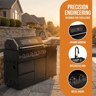 82-Inch 6-Burner 85,000 BTU Luxury Stainless Steel Gas Outdoor Kitchen Island with Rotisserie, Granite Countertop & Sink