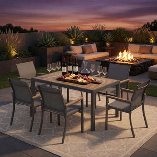 7-Piece Outdoor Patio Dining Set: Grey Aluminum Table (with HDPE Slat Tabletop) and 6 All-Weather Textilene Mesh Chairs