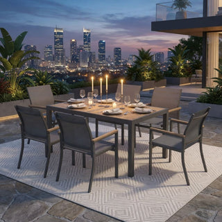 7-Piece Outdoor Patio Dining Set: Grey Aluminum Table (with HDPE Slat Tabletop) and 6 All-Weather Textilene Mesh Chairs