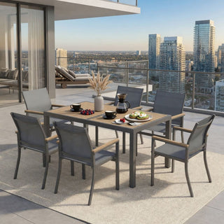 7-Piece Outdoor Patio Dining Set: Grey Aluminum Table (with HDPE Slat Tabletop) and 6 All-Weather Textilene Mesh Chairs