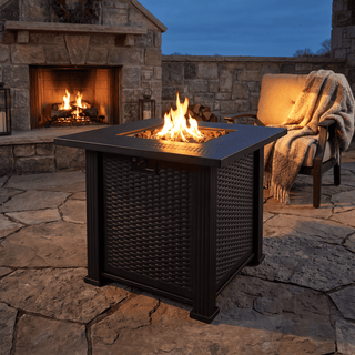 27.95-Inch Modern Outdoor Propane Fire Pit Table with Lava Rocks, Black Steel Gas Fire Pit for Patio, Backyard & Outdoor Entertaining