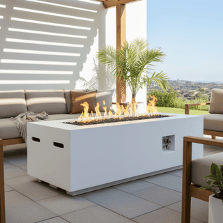 Outdoor Rectangle Propane Fire Pit Table 60inch, 60,000 BTU Concrete Fire Table with Waterproof Cover, Auto-Ignition, Free Lava Rocks