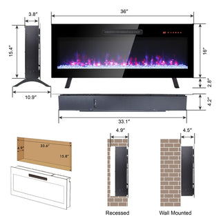 36/42 Inch Ultra-Thin Wall-Mounted Electric Fireplace with Tempered Glass, Multicolor Flames & Remote Control