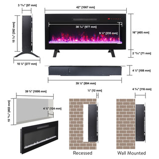 36/42 Inch Ultra-Thin Wall-Mounted Electric Fireplace with Tempered Glass, Multicolor Flames & Remote Control