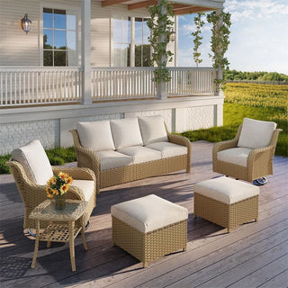 6-Piece PE Wicker Patio Conversation Set with Sofa, 2 Swivel Rocking Chairs, 2 Ottomans & Side Table