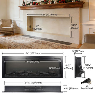 54-Inch Built-In Electric Fireplace Insert with Remote Control – Multi-Color Flame & Ember Effects, Dual Safety Protection
