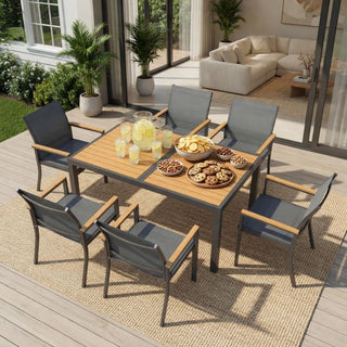7-Piece Outdoor Patio Dining Set: Grey Aluminum Table (with HDPE Slat Tabletop) and 6 All-Weather Textilene Mesh Chairs
