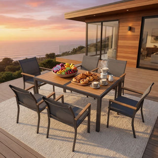 7-Piece Outdoor Patio Dining Set: Grey Aluminum Table (with HDPE Slat Tabletop) and 6 All-Weather Textilene Mesh Chairs