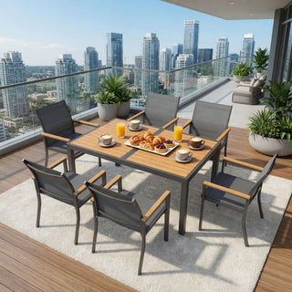 7-Piece Outdoor Patio Dining Set: Grey Aluminum Table (with HDPE Slat Tabletop) and 6 All-Weather Textilene Mesh Chairs
