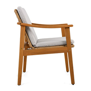 Outdoor Dining Chairs Set of 2, Teak Color Acacia Wood Frame, Brown PE Wicker, Grey Waterproof Cushion