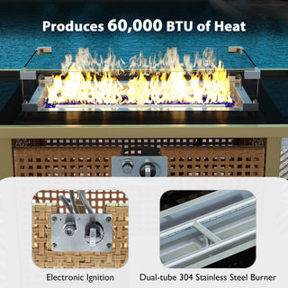 43" Propane Gas Fire Pit Table, 60000 BTU Rectangular Open Weave Wicker Fire Pit with Glass Wind Guard for Outside Patio Deck Garden Backyard