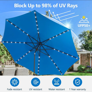 11 Ft Blue Solar LED Patio Umbrella with Crank Lift , Tilt * 8 Ribs, UV-Resistant Canopy