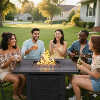 30”Width Outdoor 2-in1 Black Rattan Look Fireplace Table, 50000 BTU CSA Certified Propane Square Gas Fire Pit Table with Stainless Burner, Lid, Lava Rocks and Waterproof Cover