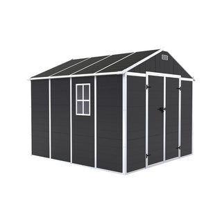8X8 FT resin storage shed, high quality pp material with Lockable Door, strong structure, waterproof, rust and UV proof, large storage space, 12mm thick pp board, HD window lighting
