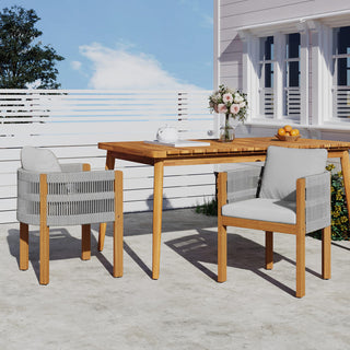 Acacia Wood Outdoor Dining Chairs 2-Pack with Mix White Rope Handles, Washable Waterproof Brown/Grey/Beige Cushions, 400 lbs Capacity