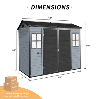8x4ft Outdoor Resin Garden Shed with Floor and 2 Windows, Plastic Patio Outdoor Storage Shed with Lockable Door for Garden Tools, Bicycles, Trash Cans, Gray+Black