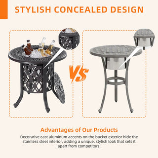 21" Side Table With Removable Ice Bucket- Rustproof Cast Aluminum Frame, Hand-Brushed Finish, Food-Grade 304 Stainless Steel Bucket