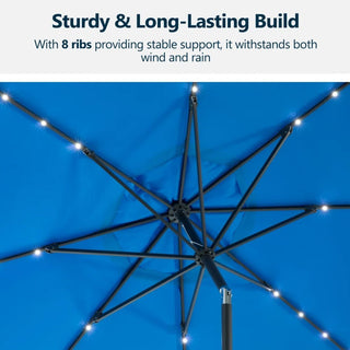 11 Ft Blue Solar LED Patio Umbrella with Crank Lift , Tilt * 8 Ribs, UV-Resistant Canopy