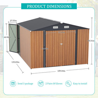 Outdoor Storage Shed 9×11 FT with 3 Lockable Doors,Utility Tool Shed Metal Storage Garden Sheds 4 Vents,Metal Sheds with Galvanized Steel Frame,for Backyard,Patio,Lawn,yellow