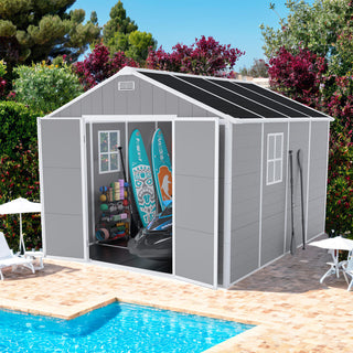 8X8 FT resin storage shed, high quality pp material, strong structure, waterproof, rust and UV proof, large storage space, 12mm thick pp board, HD window lighting