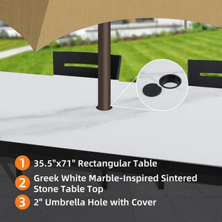 7-Piece Aluminum Outdoor Patio Dining Set with Sintered Stone Table & Sunbrella Cushions, 4 Chairs & 2 Swivel Rockers – Ember Black