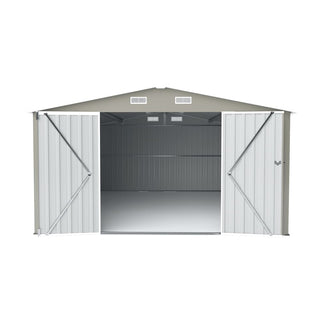 Outdoor Storage Shed 10×14 FT with 3 Lockable Doors,4 Air Vents & Sloped Roof,Utility Tool Shed Metal Storage Garden Sheds Frame and 4 Vents,for Backyard,Patio,Lawn,Light Gre