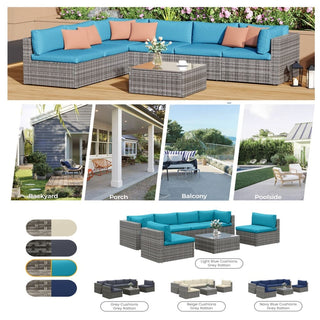 7-Piece All-Weather Gray Wicker Couch Patio Set with Removable Light Blue Cushions and Glass Coffee Table for Patio, Poolside & Backyard
