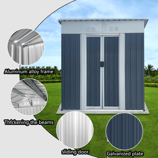 5x3 FT Pent Roof Metal Garden Shed, Grey Outdoor Storage Tool House for Bikes, Tools & Backyard Organization