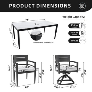 7-Piece Aluminum Outdoor Patio Dining Set with Sintered Stone Table & Sunbrella Cushions, 4 Chairs & 2 Swivel Rockers – Ember Black