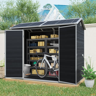 Outdoor Storage Shed with Two-Window and Double-Door, Plastic Shed with Floor for Gargen,Patio,Yard,Lawn,Black/Grey