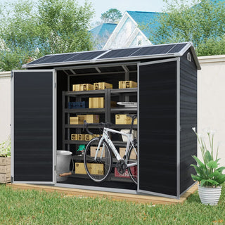 Outdoor Storage Shed with Two-Window and Double-Door, Plastic Shed with Floor for Gargen,Patio,Yard,Lawn,Black/Grey