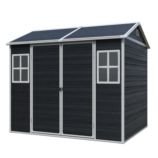 8 x 6 ft Resin Outdoor Storage Shed Waterproof Shed with Floor & Two Windows & Lockable Door, Tool Shed for Garden, Patio, Backyard,Grey/Black/White+Gray/Brown