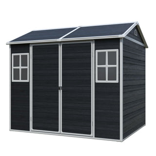 8 x 6 ft Resin Outdoor Storage Shed Waterproof Shed with Floor & Two Windows & Lockable Door, Tool Shed for Garden, Patio, Backyard,Grey/Black/White+Gray/Brown