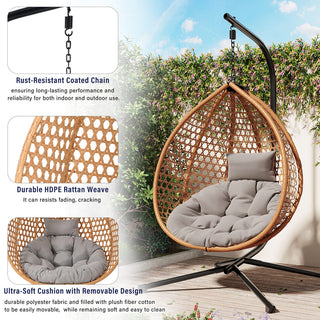 Wicker Hanging Egg Chair Swing – Comfortable Indoor/Outdoor Patio Chair with Removable Cushion
